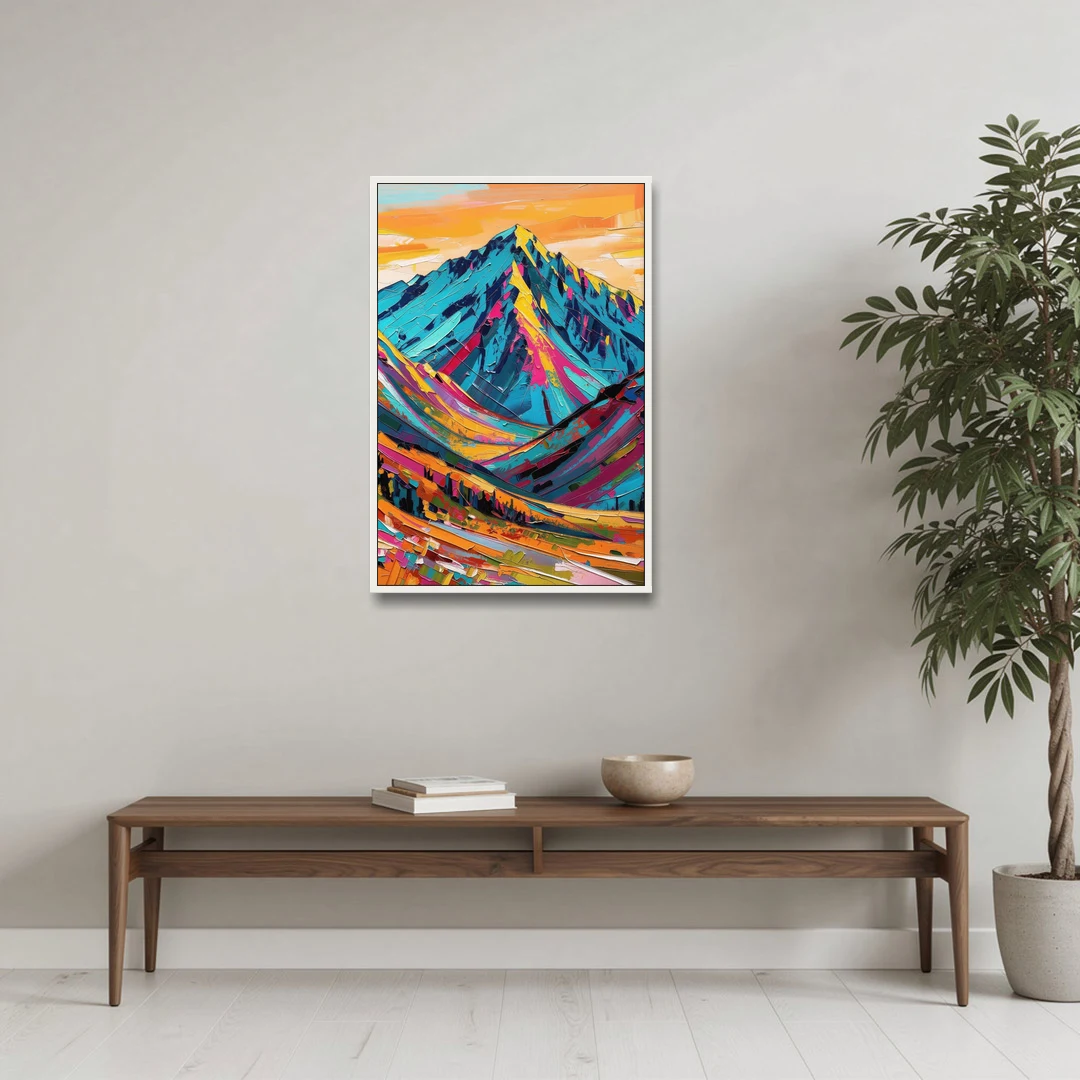 Blue Mountain Painting in Electric Light - White Framed Canvas Wall Art - Coffee Table - 24x36