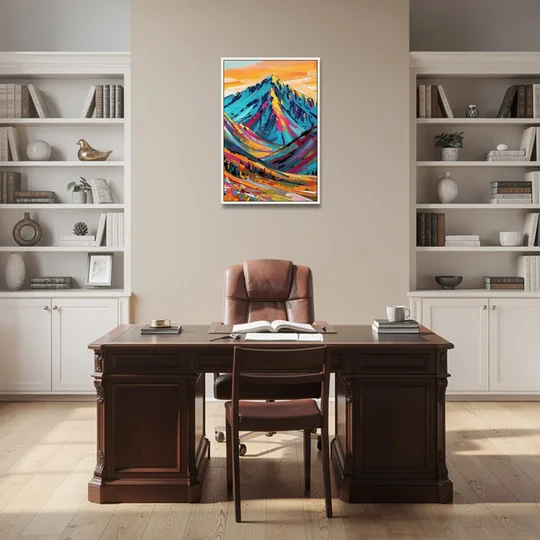 Blue Mountain Painting in Electric Light - White Framed Canvas Wall Art - Office - 24x36