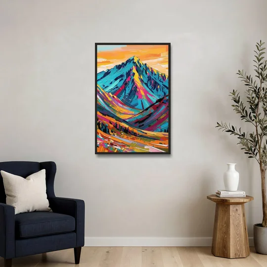 Blue Mountain Painting in Electric Light - Black Framed Canvas Wall Art - Sofa - 24x36