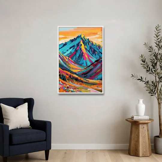 Blue Mountain Painting in Electric Light - White Framed Canvas Wall Art - Sofa - 24x36
