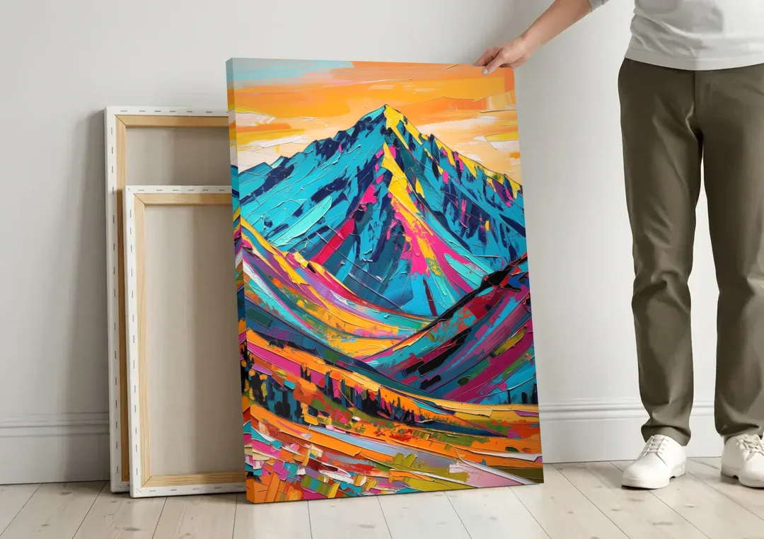 Blue Mountain Painting in Electric Light canvas wall art leaning against a wall next to blank canvases
