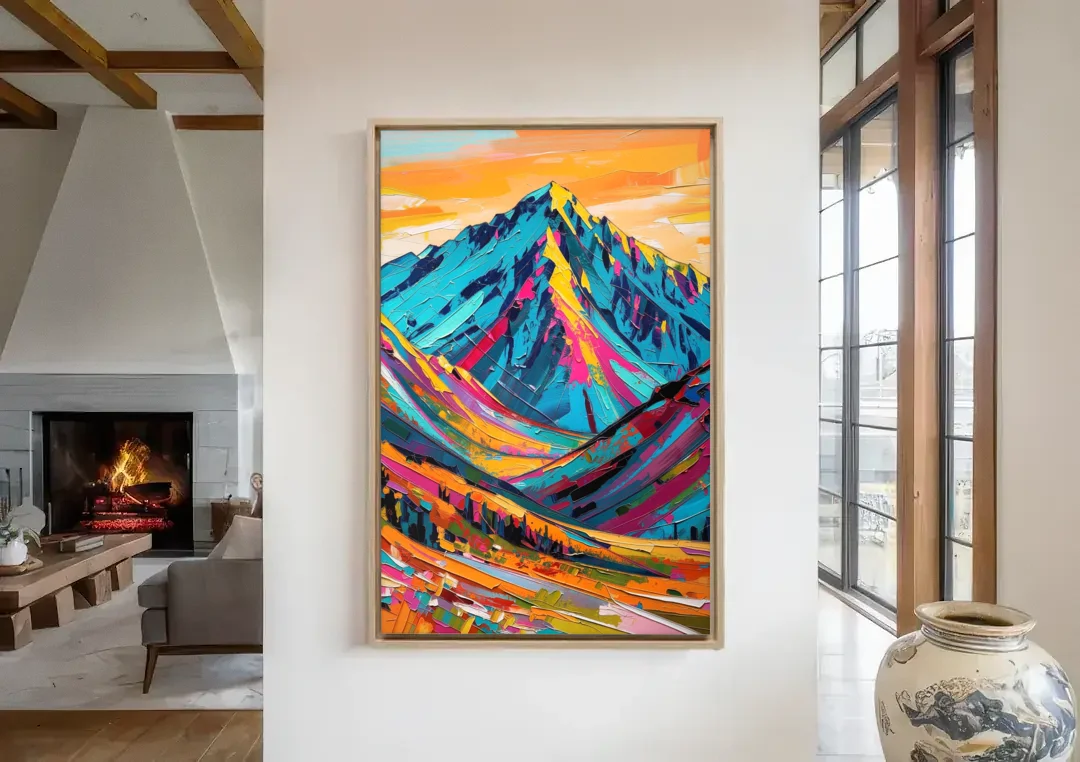 Blue Mountain Painting in Electric Light canvas wall art in a living room with a fireplace