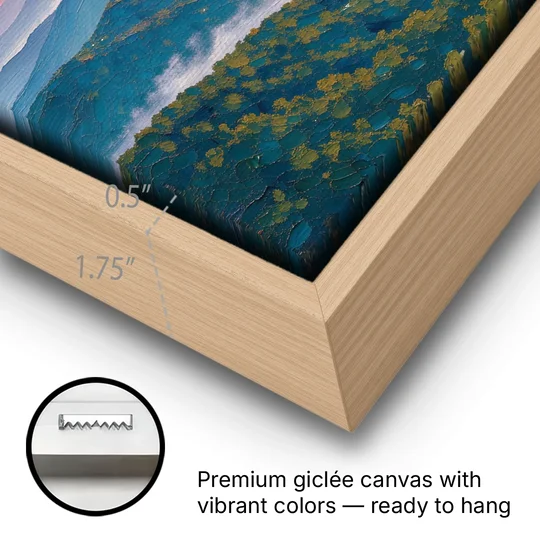 Blue Ridge Mountains Painting at Sunrise - Oak Framed Canvas Wall Art - Gallery Wrap Corner