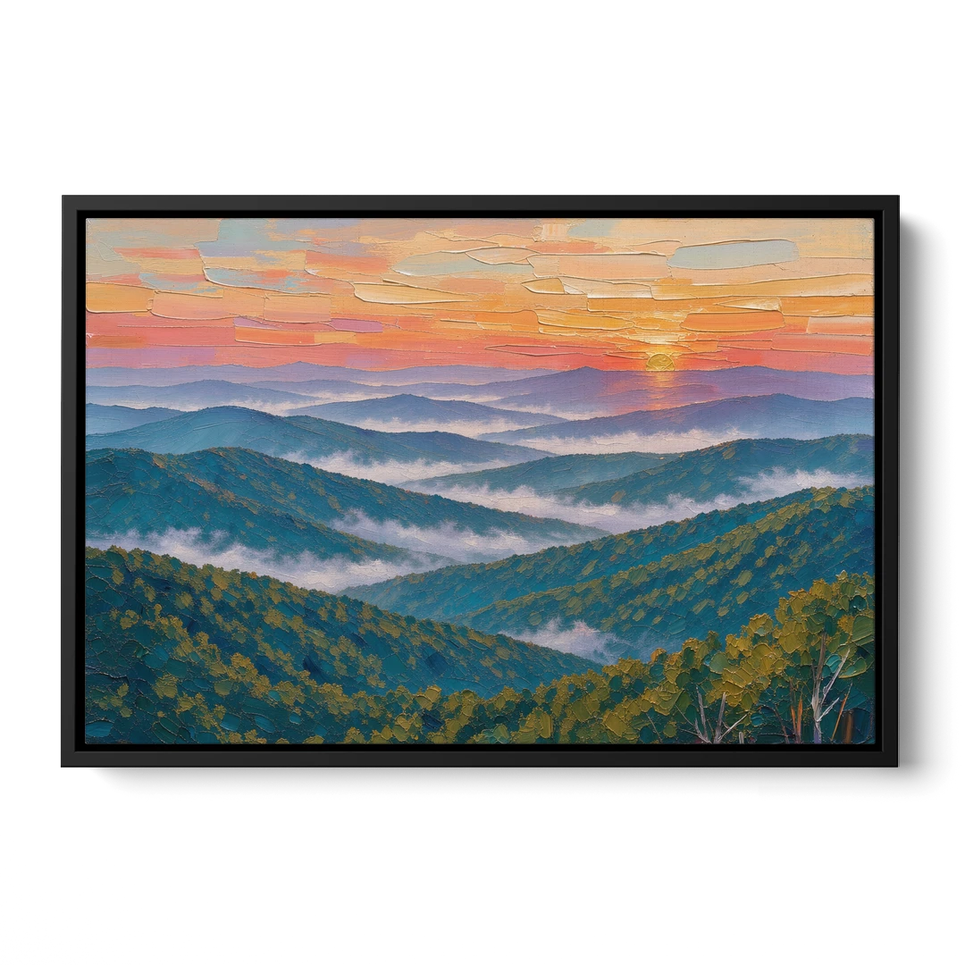 Blue Ridge Mountains Painting at Sunrise - Black Framed Canvas Wall Art - Front