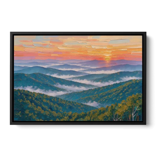 Blue Ridge Mountains Painting at Sunrise - Black Framed Canvas Wall Art - Front