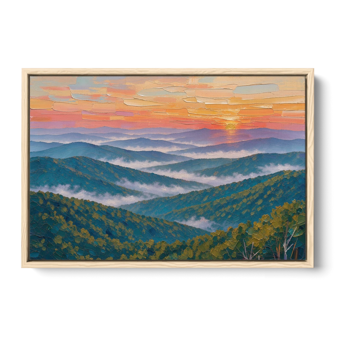 Blue Ridge Mountains Painting at Sunrise - Oak Framed Canvas Wall Art - Front