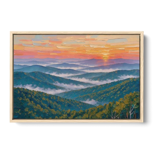 Blue Ridge Mountains Painting at Sunrise - Oak Framed Canvas Wall Art - Front
