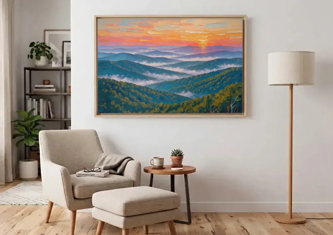 Blue Ridge Mountains Painting at Sunrise canvas wall art above an armchair in a bright living room