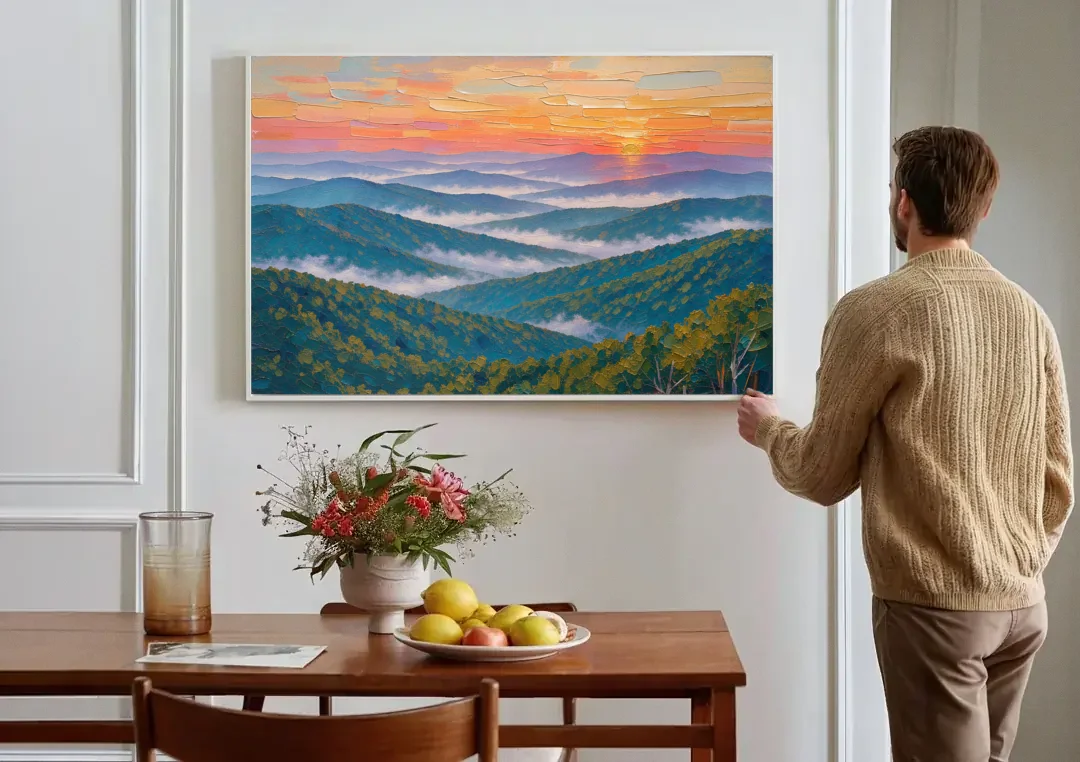 Blue Ridge Mountains Painting at Sunrise canvas wall art above a dining table