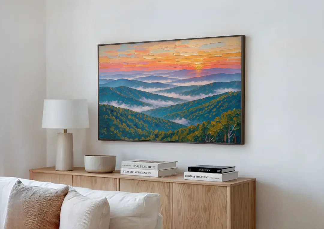 Blue Ridge Mountains Painting at Sunrise canvas wall art above a wooden sideboard next to a sofa