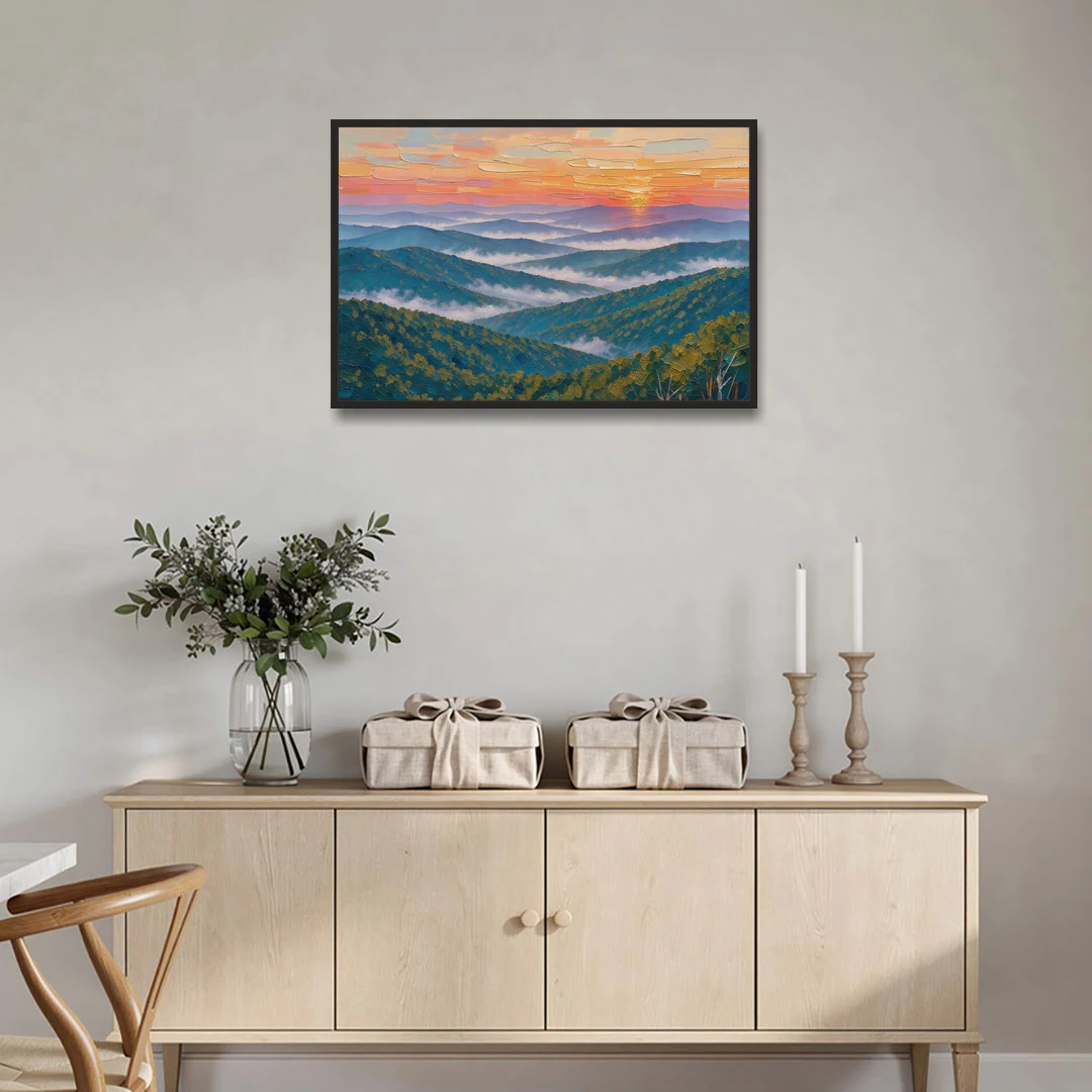 Blue Ridge Mountains Painting at Sunrise - Black Framed Canvas Wall Art - Coffee Table - 36x24