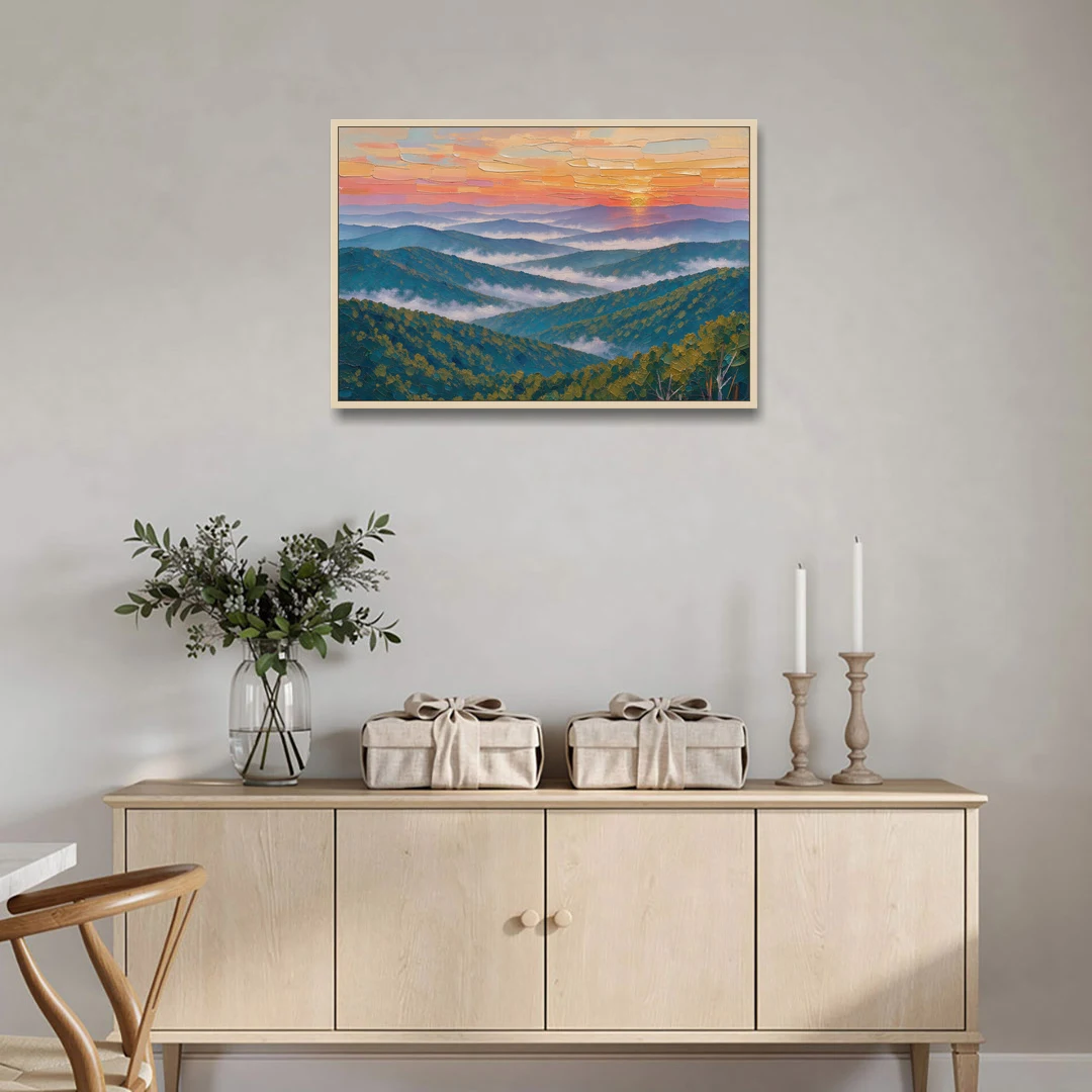 Blue Ridge Mountains Painting at Sunrise - Oak Framed Canvas Wall Art - Coffee Table - 36x24
