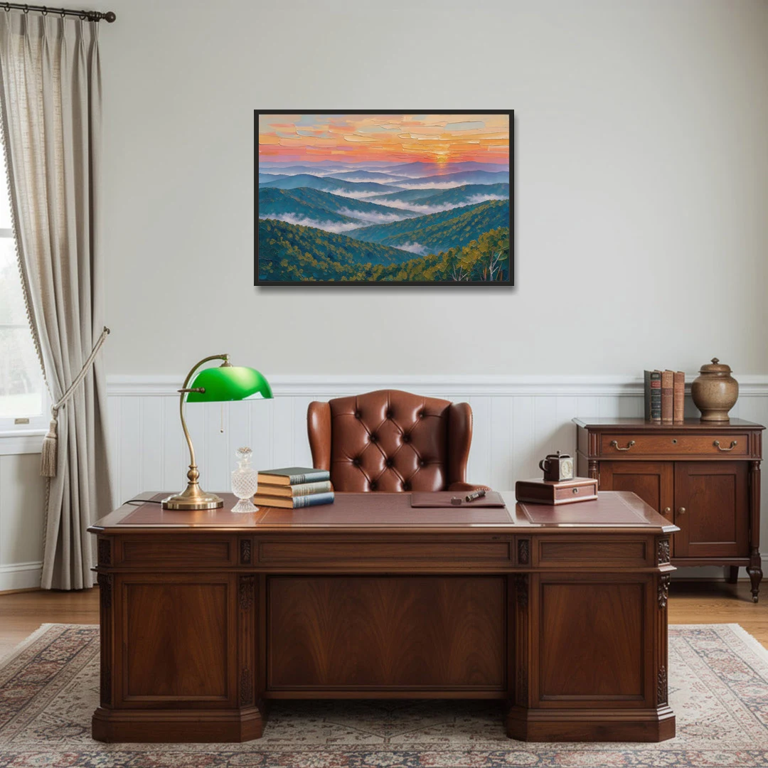 Blue Ridge Mountains Painting at Sunrise - Black Framed Canvas Wall Art - Office - 36x24
