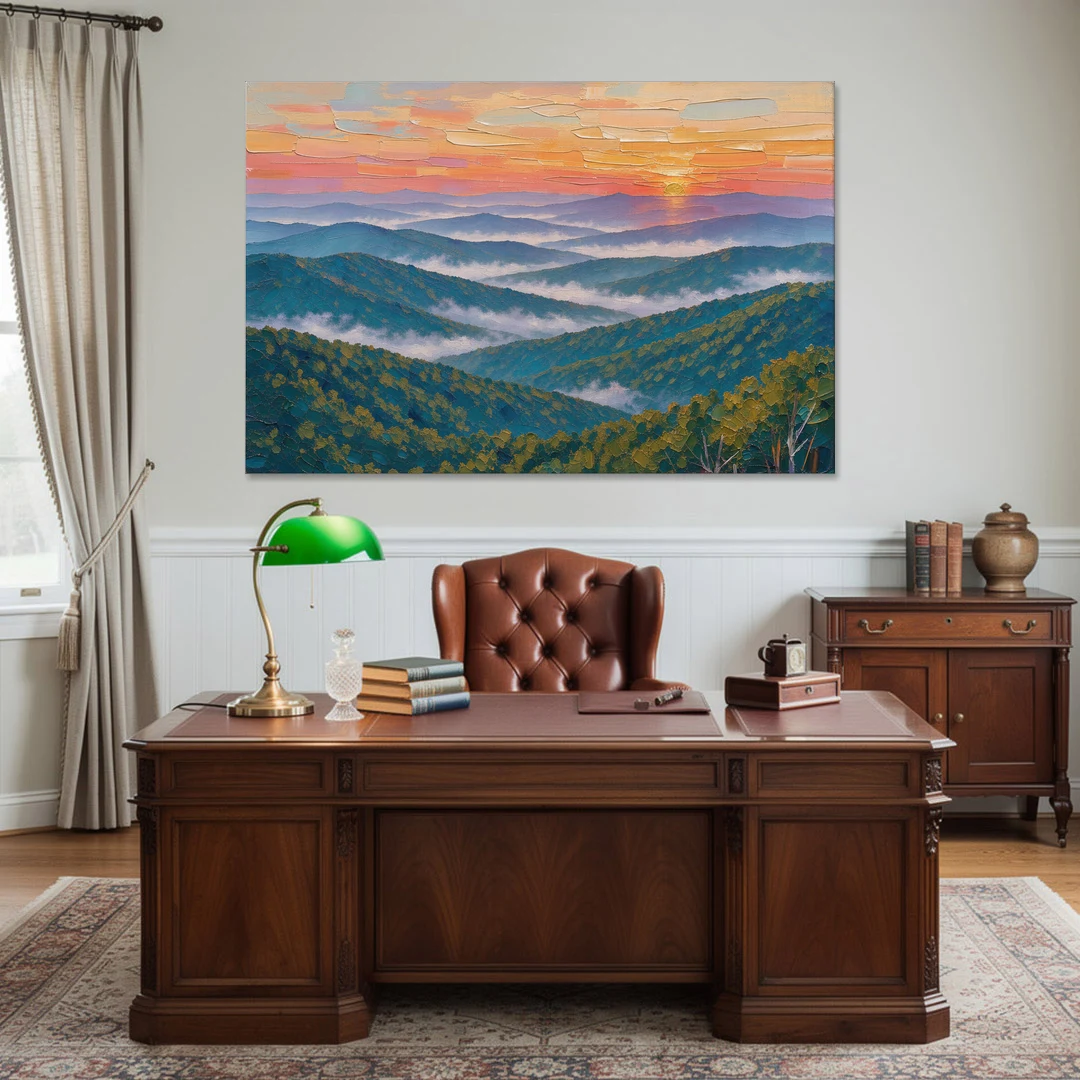 Blue Ridge Mountains Painting at Sunrise - Canvas Wall Art - Office - 60x40