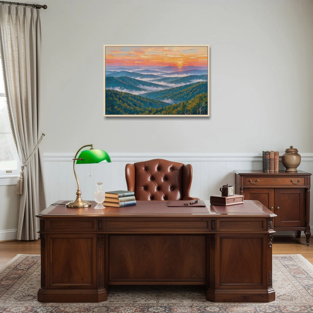 Blue Ridge Mountains Painting at Sunrise - Oak Framed Canvas Wall Art - Office - 36x24