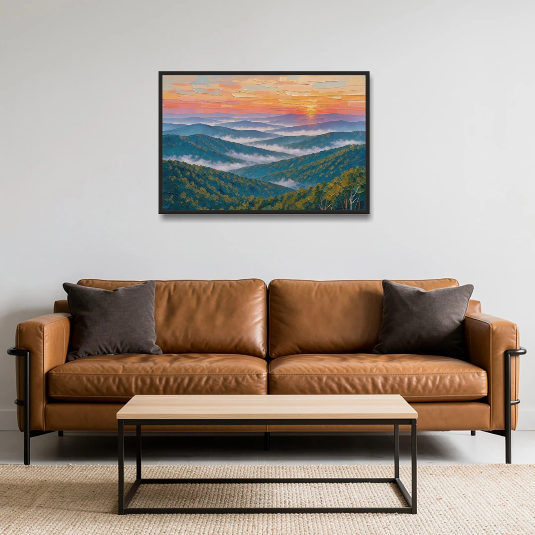Blue Ridge Mountains Painting at Sunrise - Black Framed Canvas Wall Art - Sofa - 36x24