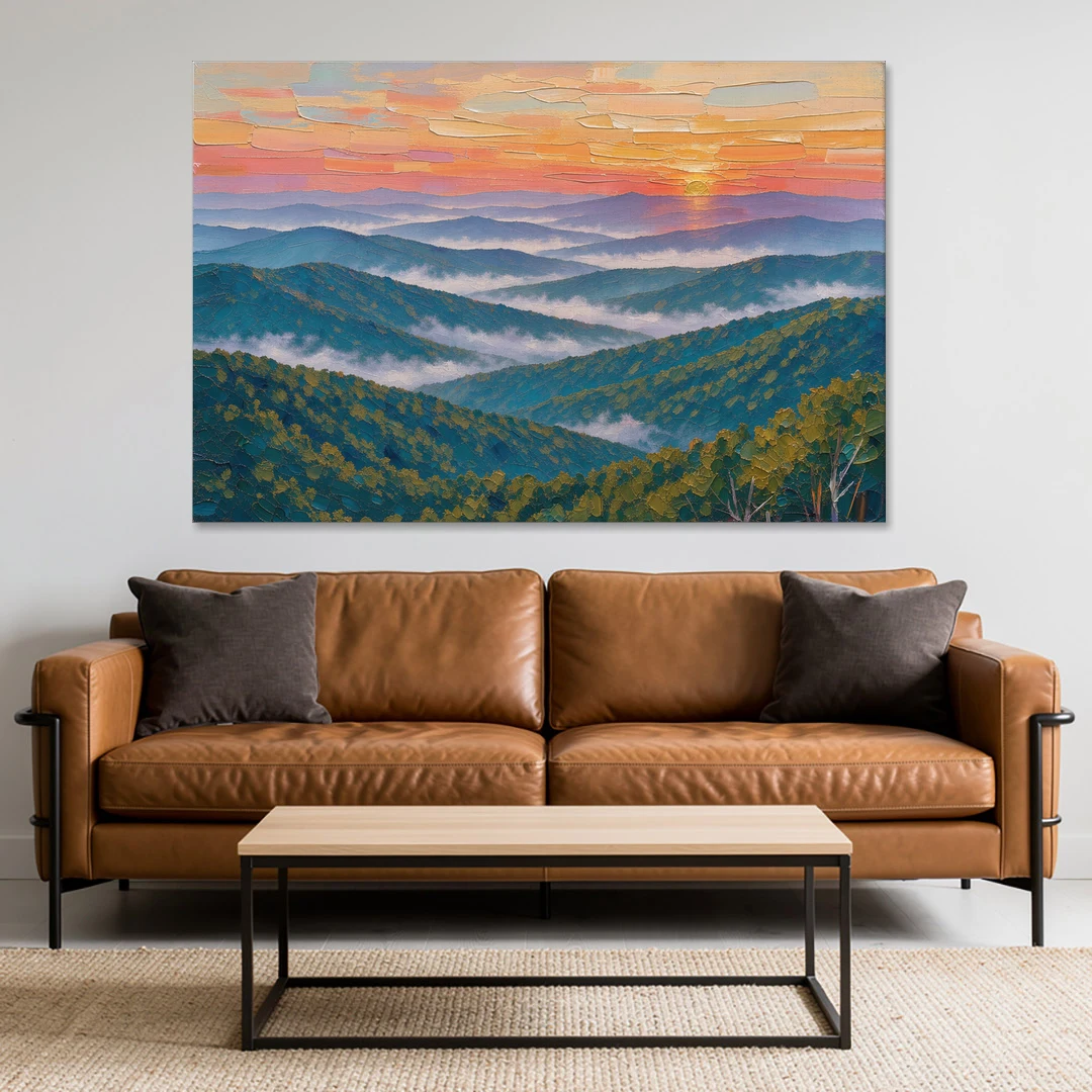 Blue Ridge Mountains Painting at Sunrise - Canvas Wall Art - Sofa - 60x40