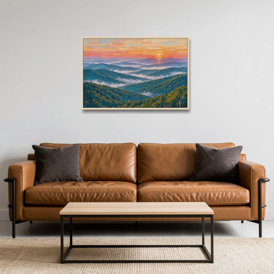 Blue Ridge Mountains Painting at Sunrise - Oak Framed Canvas Wall Art - Sofa - 36x24