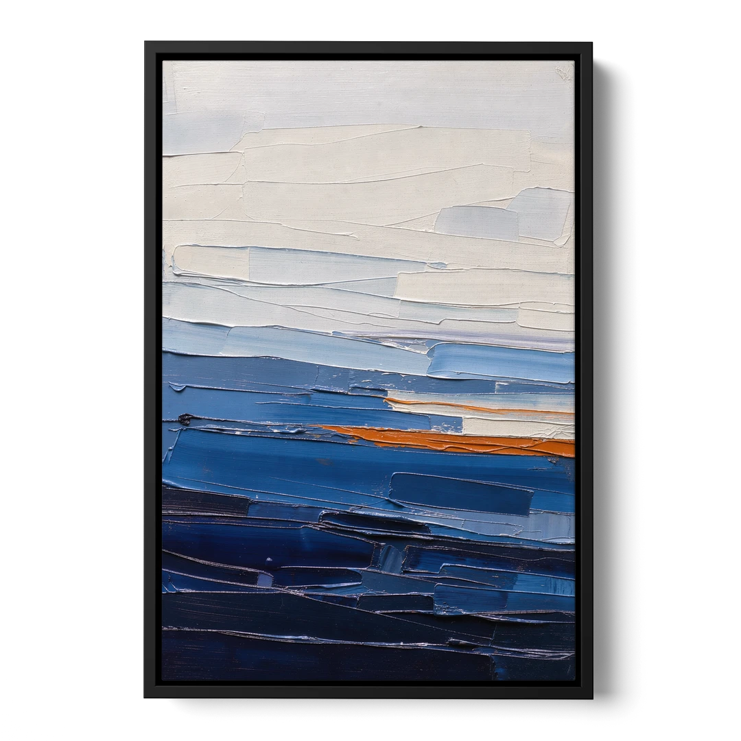 Blue Triptych Wall Art Strata I with Ember Seam - Black Framed Canvas Wall Art - Front