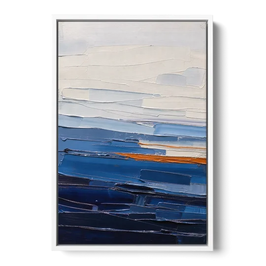 Blue Triptych Wall Art Strata I with Ember Seam - White Framed Canvas Wall Art - Front