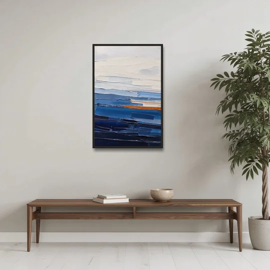 Blue Triptych Wall Art Strata I with Ember Seam - Black Framed Canvas Wall Art - Coffee Table - 24x36