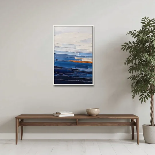 Blue Triptych Wall Art Strata I with Ember Seam - White Framed Canvas Wall Art - Coffee Table - 24x36