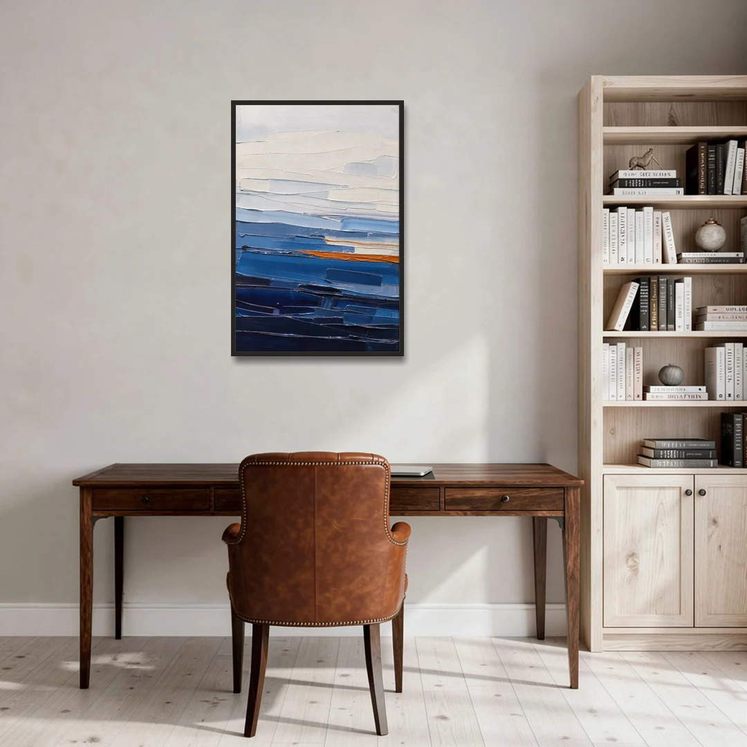 Blue Triptych Wall Art Strata I with Ember Seam - Black Framed Canvas Wall Art - Office - 24x36