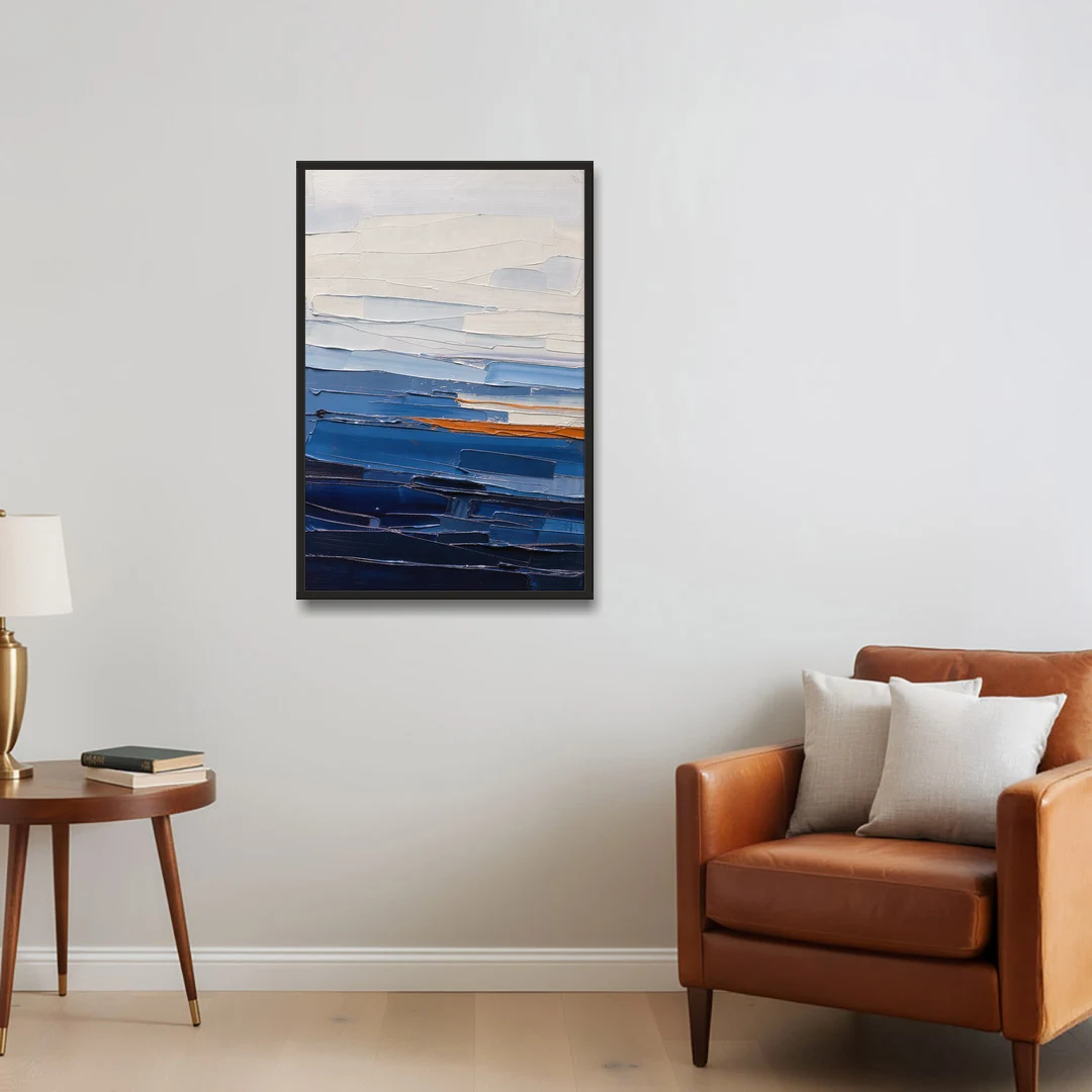 Blue Triptych Wall Art Strata I with Ember Seam - Black Framed Canvas Wall Art - Sofa - 24x36
