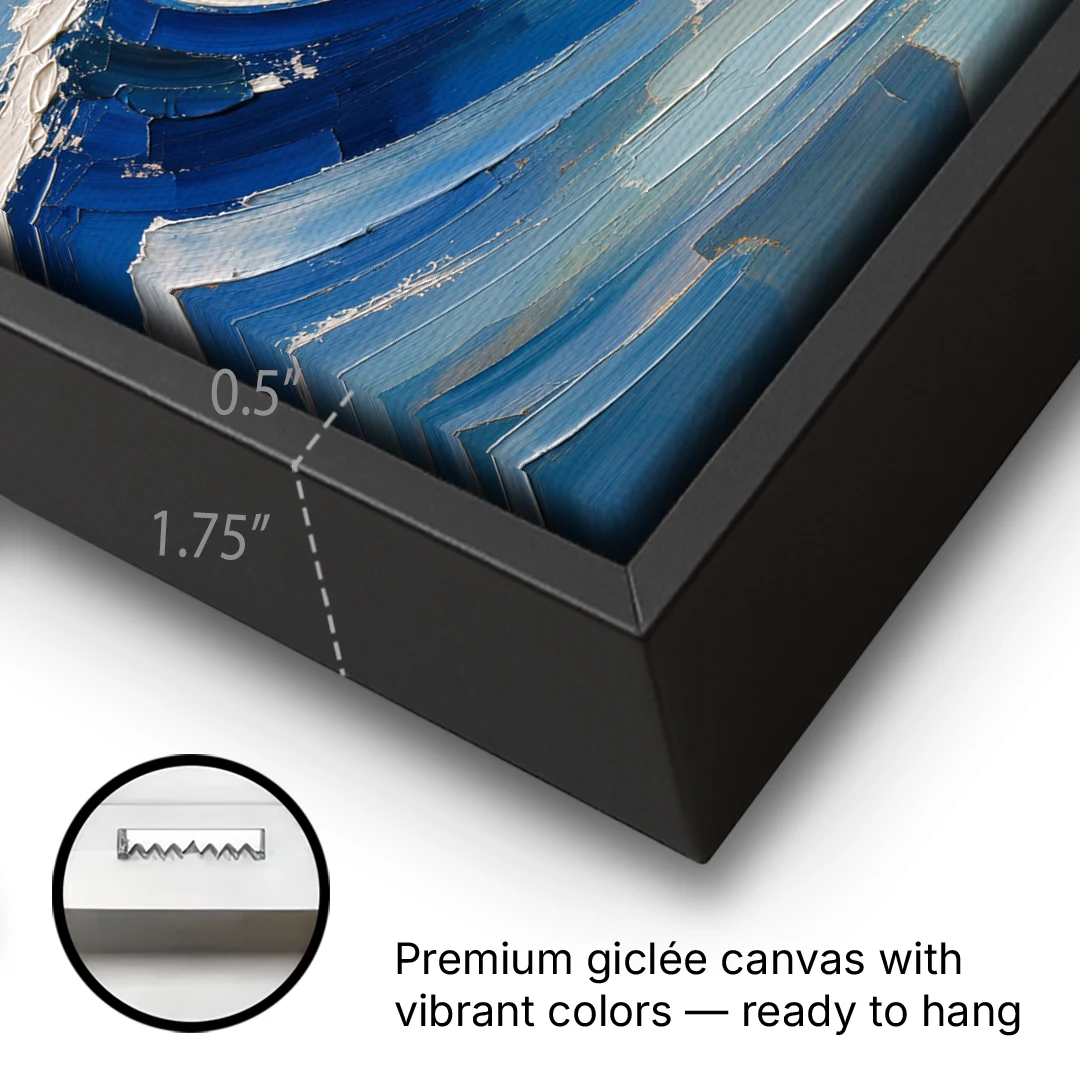 Blue Wall Decor with Cobalt Waves Breaking - Black Framed Canvas Wall Art - Gallery Wrap Corner