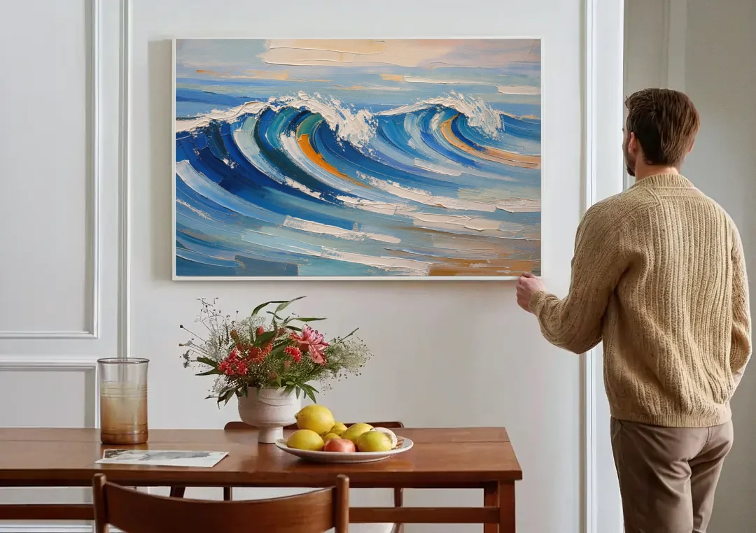 Blue Wall Decor with Cobalt Waves Breaking canvas wall art above a dining table