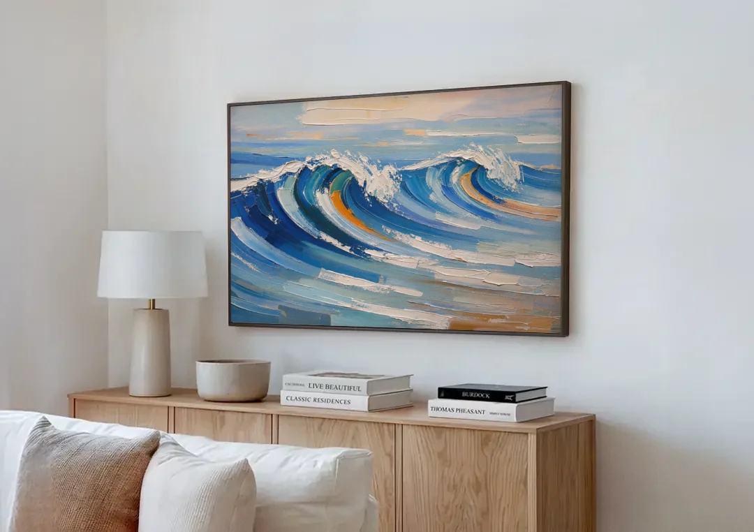 Blue Wall Decor with Cobalt Waves Breaking canvas wall art above a wooden sideboard next to a sofa