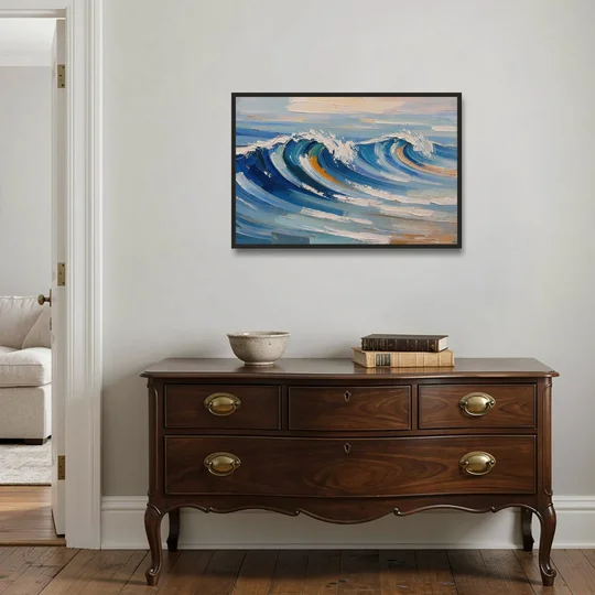 Blue Wall Decor with Cobalt Waves Breaking - Black Framed Canvas Wall Art - Coffee Table - 36x24