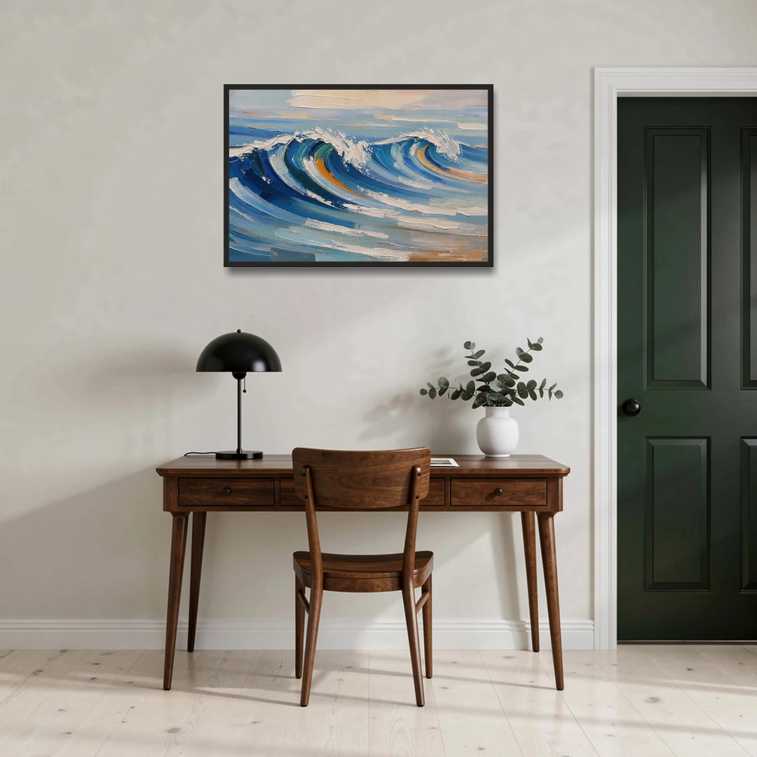 Blue Wall Decor with Cobalt Waves Breaking - Black Framed Canvas Wall Art - Office - 36x24