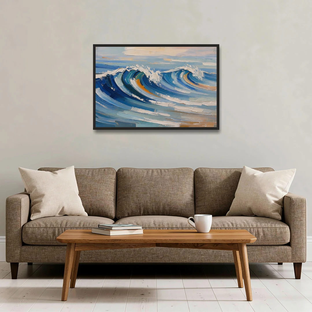 Blue Wall Decor with Cobalt Waves Breaking - Black Framed Canvas Wall Art - Sofa - 36x24
