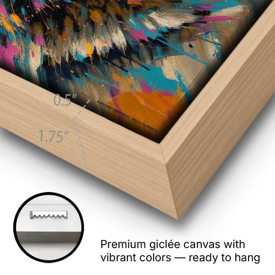 Blue Wolf Art with Magenta Sparks for the Living Room - Oak Framed Canvas Wall Art - Gallery Wrap Corner