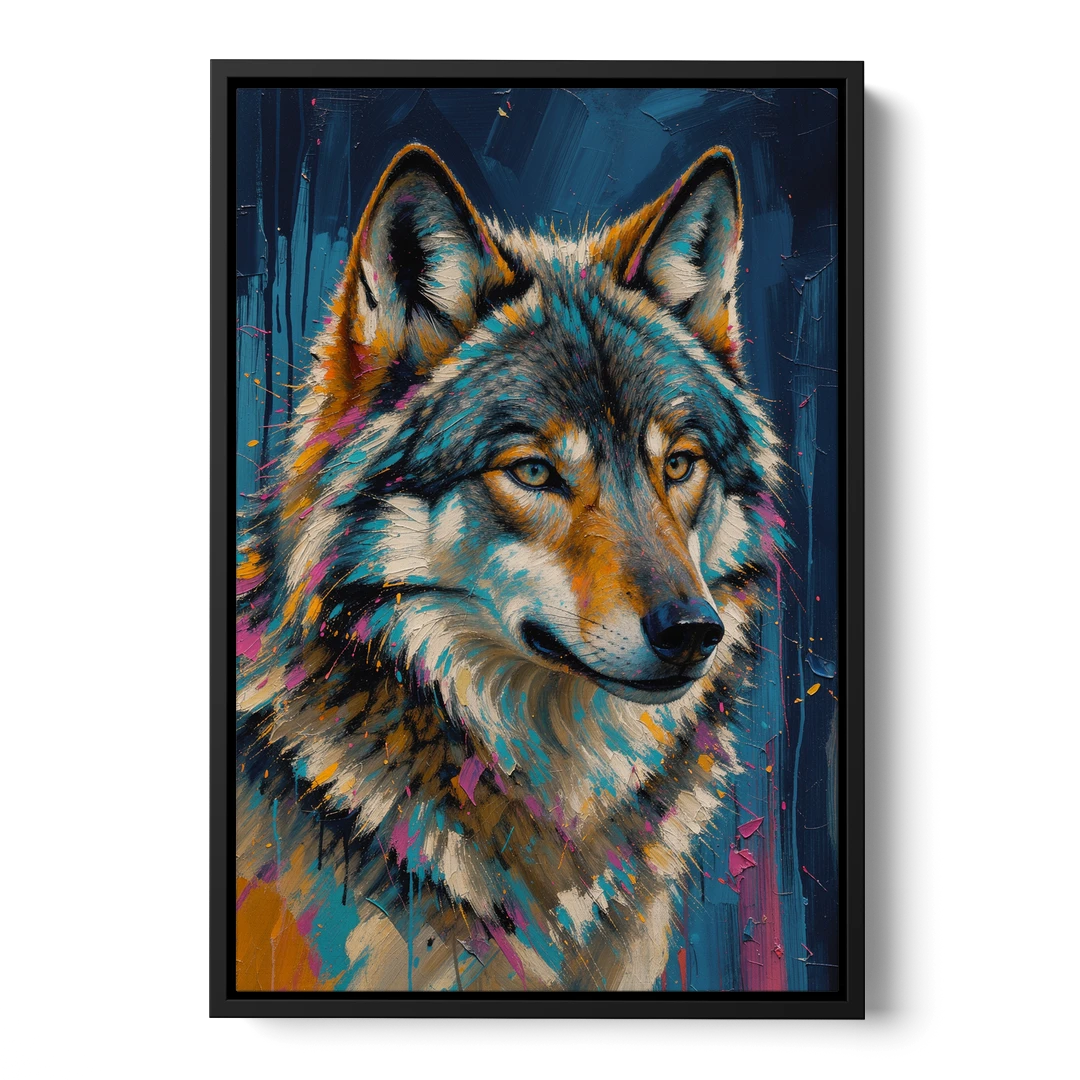 Blue Wolf Art with Magenta Sparks for the Living Room - Black Framed Canvas Wall Art - Front