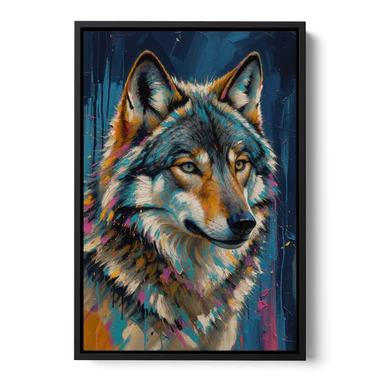 Blue Wolf Art with Magenta Sparks for the Living Room - Black Framed Canvas Wall Art - Front