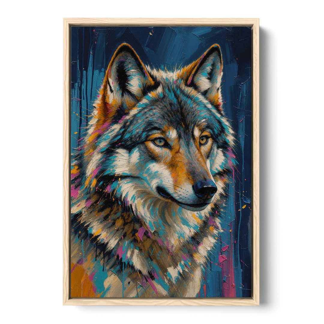 Blue Wolf Art with Magenta Sparks for the Living Room - Oak Framed Canvas Wall Art - Front