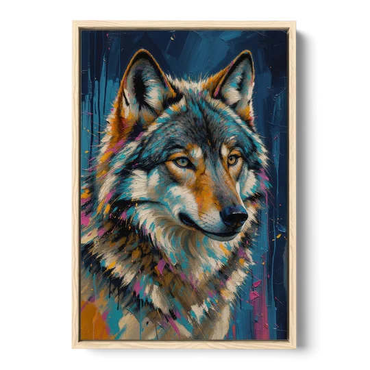 Blue Wolf Art with Magenta Sparks for the Living Room - Oak Framed Canvas Wall Art - Front