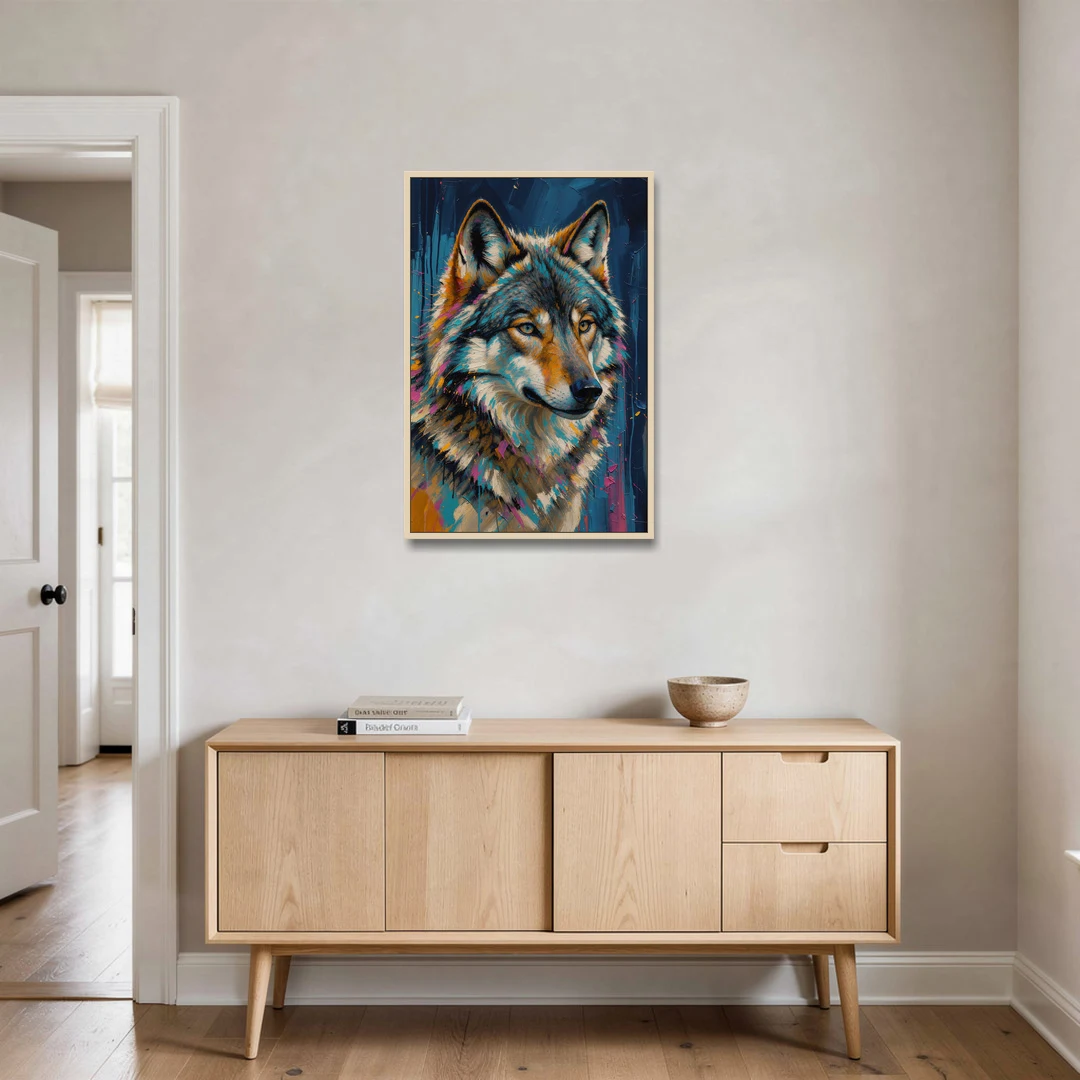 Blue Wolf Art with Magenta Sparks for the Living Room - Oak Framed Canvas Wall Art - Coffee Table - 24x36