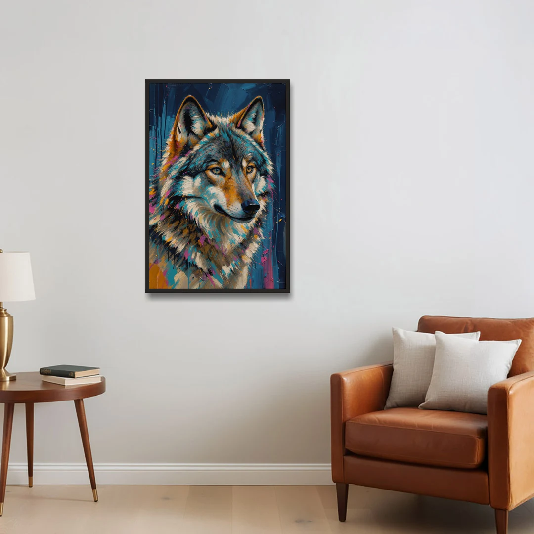 Blue Wolf Art with Magenta Sparks for the Living Room - Black Framed Canvas Wall Art - Sofa - 24x36