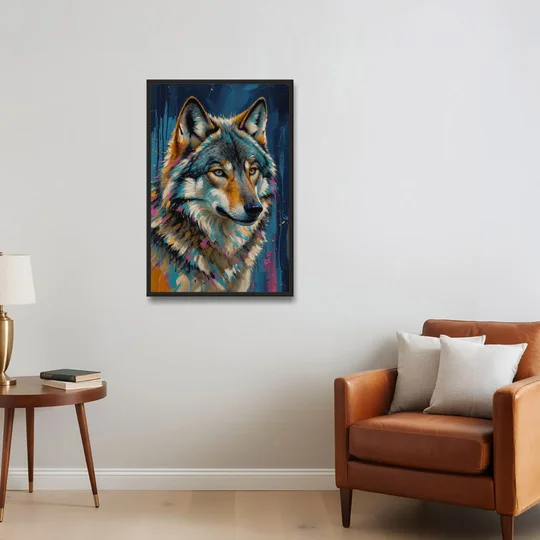 Blue Wolf Art with Magenta Sparks for the Living Room - Black Framed Canvas Wall Art - Sofa - 24x36