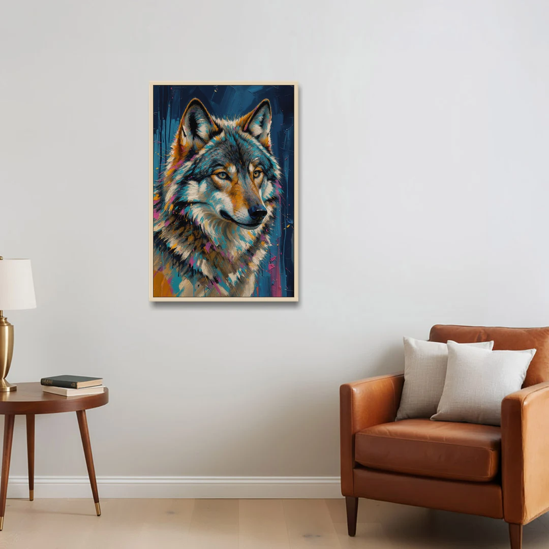 Blue Wolf Art with Magenta Sparks for the Living Room - Oak Framed Canvas Wall Art - Sofa - 24x36