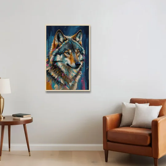 Blue Wolf Art with Magenta Sparks for the Living Room - Oak Framed Canvas Wall Art - Sofa - 24x36