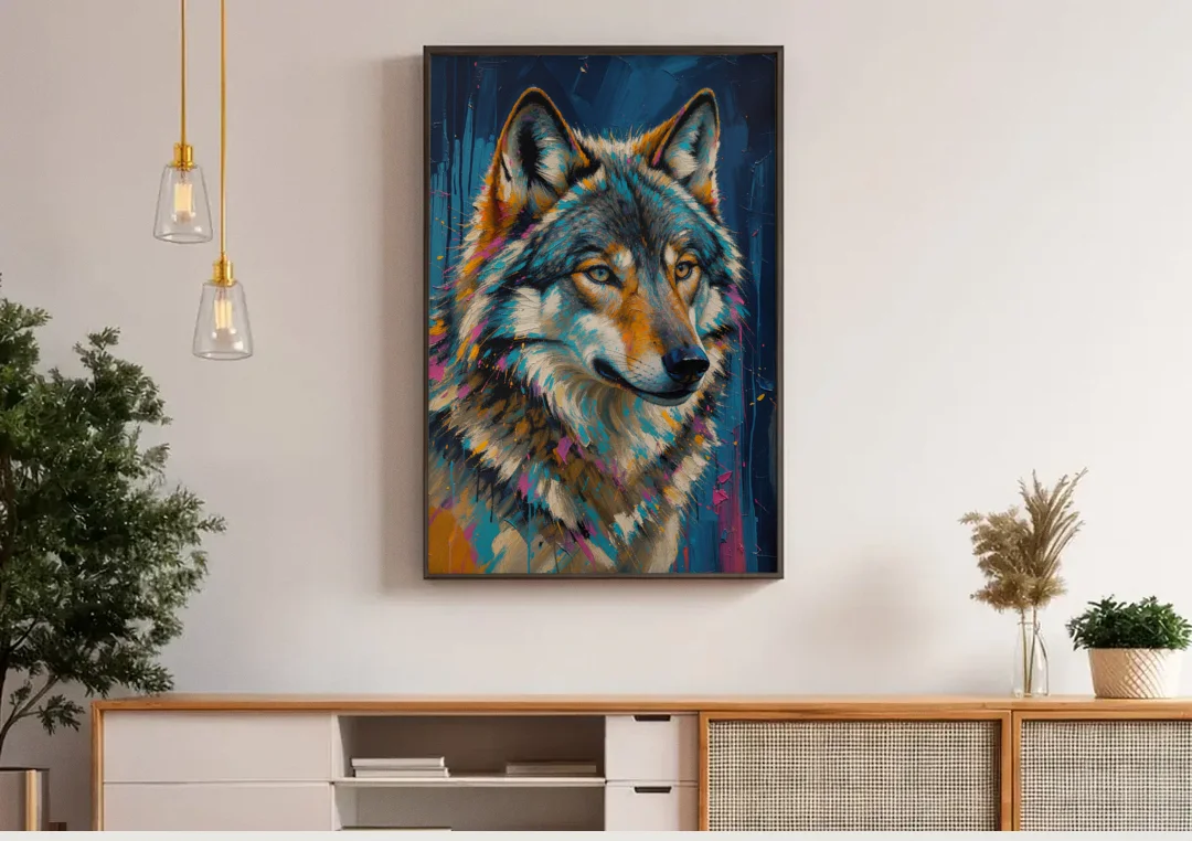 Blue Wolf Art with Magenta Sparks for the Living Room canvas wall art above a wooden sideboard under pendant lights