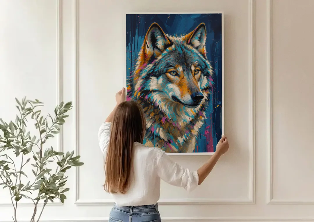 Blue Wolf Art with Magenta Sparks for the Living Room canvas wall art being hung on a paneled wall