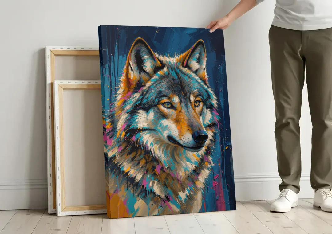 Blue Wolf Art with Magenta Sparks for the Living Room canvas wall art leaning against a wall next to blank canvases