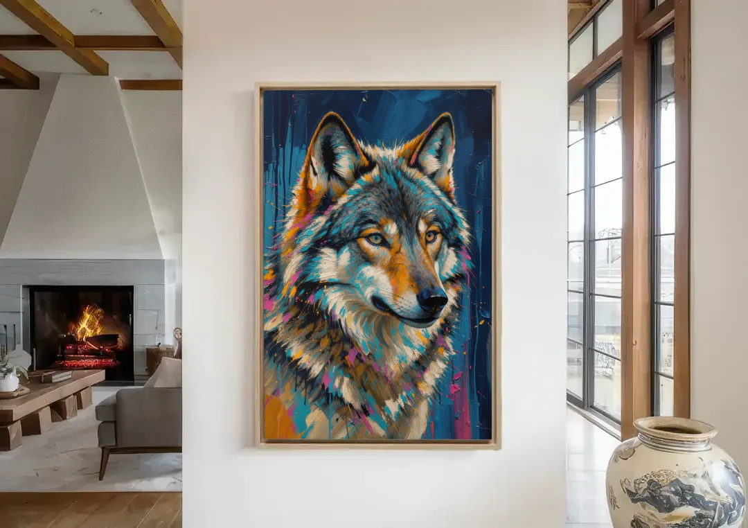 Blue Wolf Art with Magenta Sparks for the Living Room canvas wall art in a living room with a fireplace