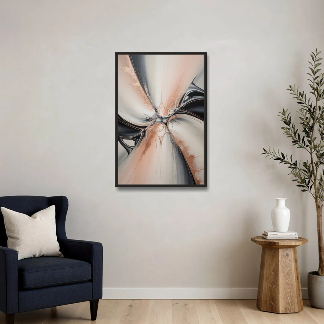 Blush Metallic Symphony Pink and Grey Abstract - Black Framed Canvas Wall Art - Sofa - 24x36