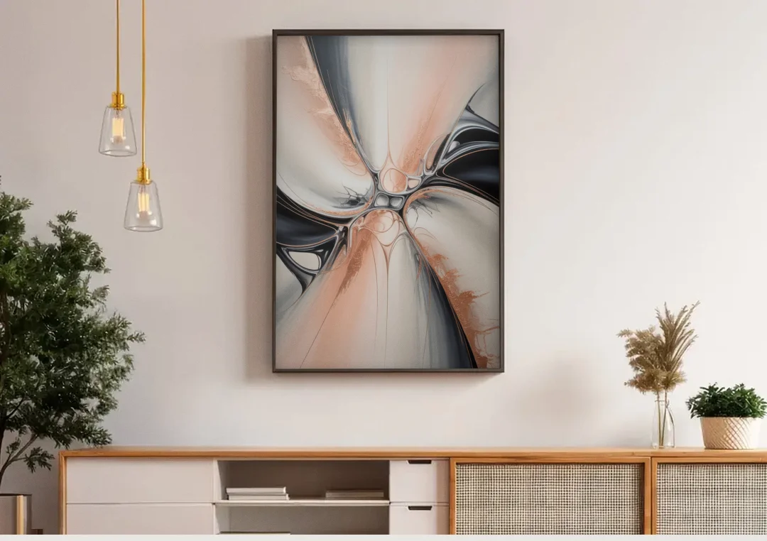 Blush Metallic Symphony Pink and Grey Abstract canvas wall art above a wooden sideboard under pendant lights